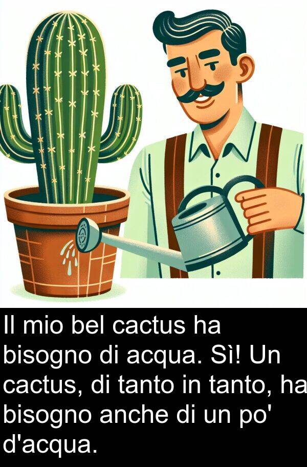 acqua: Il mio bel cactus ha bisogno di acqua. Sì! Un cactus, di tanto in tanto, ha bisogno anche di un po' d'acqua.