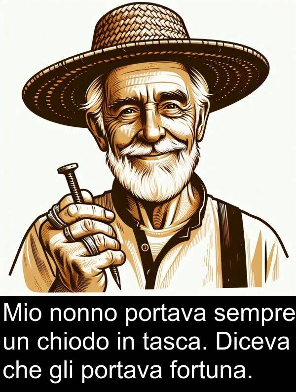 tasca: Mio nonno portava sempre un chiodo in tasca. Diceva che gli portava fortuna.