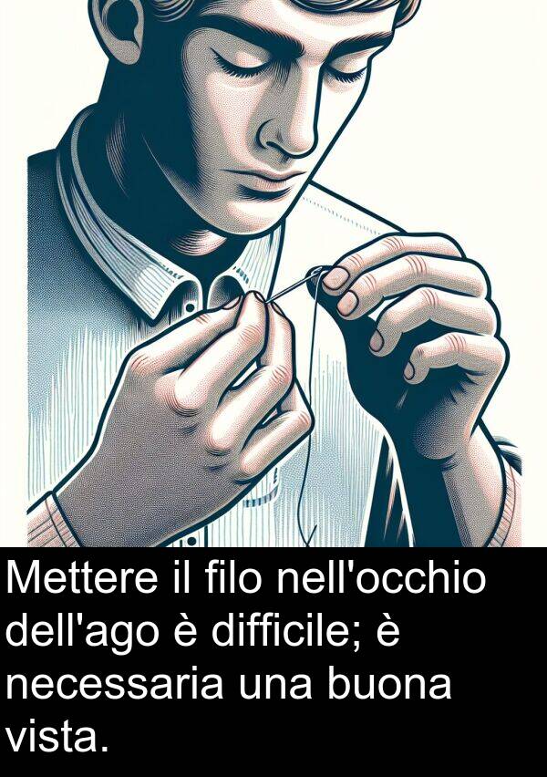 filo: Mettere il filo nell'occhio dell'ago è difficile; è necessaria una buona vista.