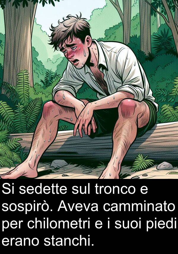 stanchi: Si sedette sul tronco e sospirò. Aveva camminato per chilometri e i suoi piedi erano stanchi.