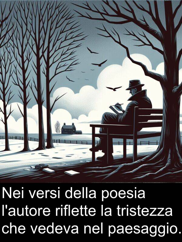 riflette: Nei versi della poesia l'autore riflette la tristezza che vedeva nel paesaggio.