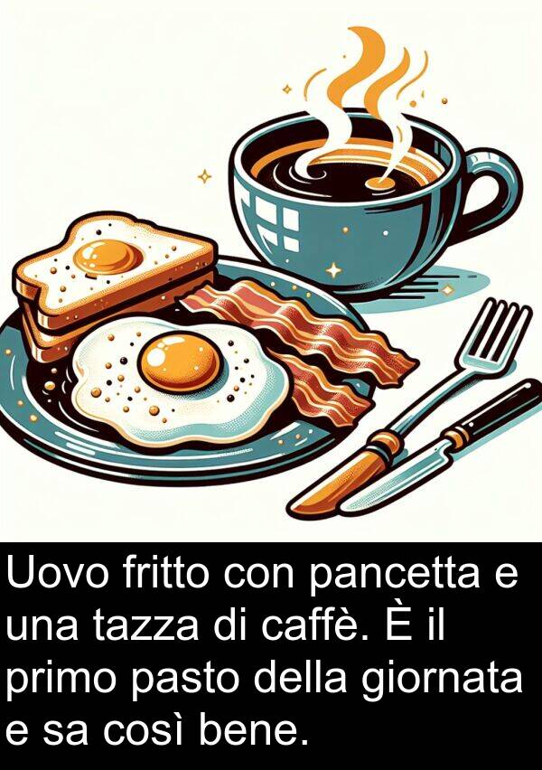 caffè: Uovo fritto con pancetta e una tazza di caffè. È il primo pasto della giornata e sa così bene.