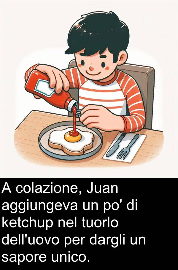 colazione: A colazione, Juan aggiungeva un po' di ketchup nel tuorlo dell'uovo per dargli un sapore unico.