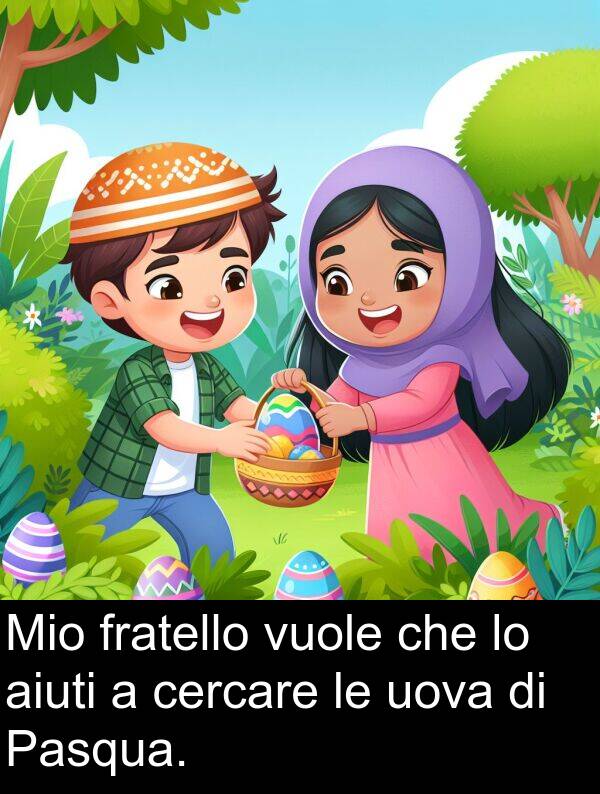aiuti: Mio fratello vuole che lo aiuti a cercare le uova di Pasqua.