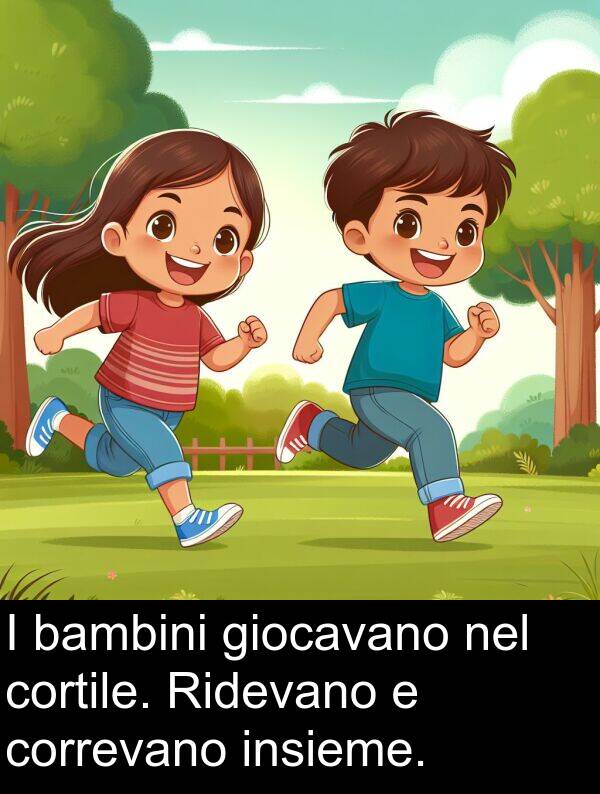 correvano: I bambini giocavano nel cortile. Ridevano e correvano insieme.