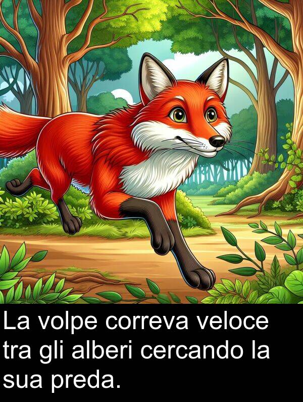 tra: La volpe correva veloce tra gli alberi cercando la sua preda.