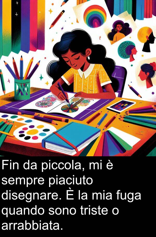 arrabbiata: Fin da piccola, mi è sempre piaciuto disegnare. È la mia fuga quando sono triste o arrabbiata.