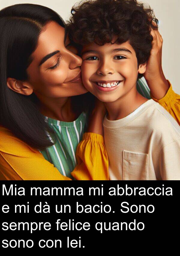 abbraccia: Mia mamma mi abbraccia e mi dà un bacio. Sono sempre felice quando sono con lei.