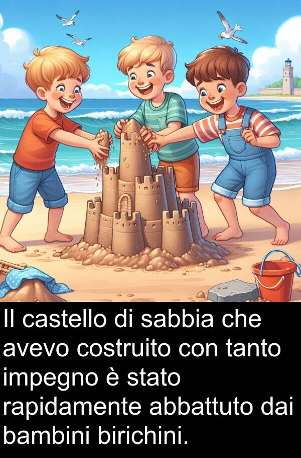 rapidamente: Il castello di sabbia che avevo costruito con tanto impegno è stato rapidamente abbattuto dai bambini birichini.