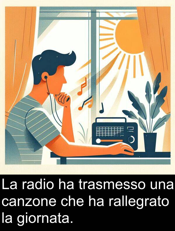 rallegrato: La radio ha trasmesso una canzone che ha rallegrato la giornata.