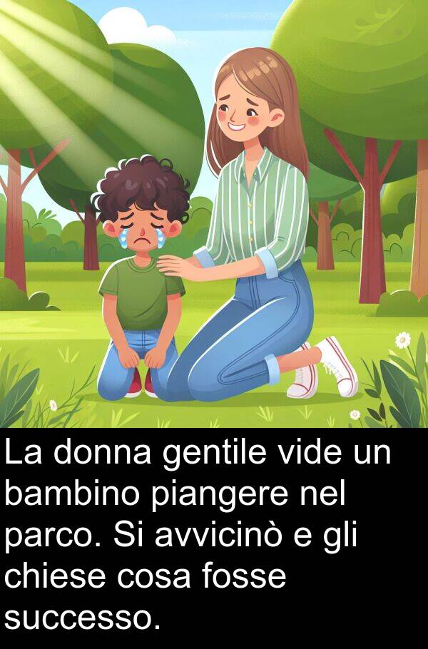 cosa: La donna gentile vide un bambino piangere nel parco. Si avvicinò e gli chiese cosa fosse successo.