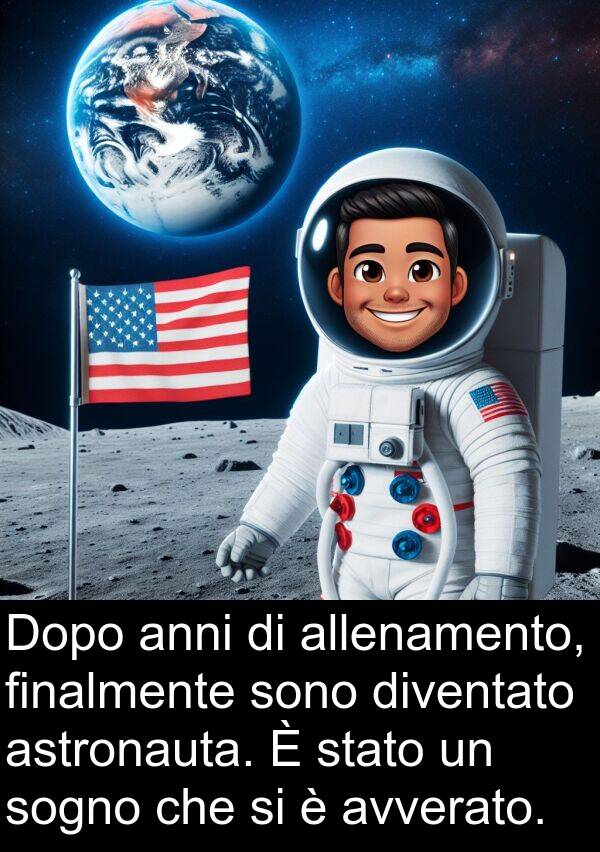 avverato: Dopo anni di allenamento, finalmente sono diventato astronauta. È stato un sogno che si è avverato.