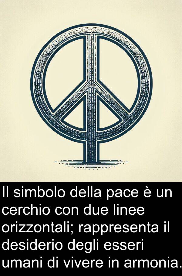 pace: Il simbolo della pace è un cerchio con due linee orizzontali; rappresenta il desiderio degli esseri umani di vivere in armonia.