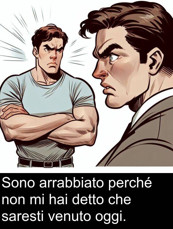 saresti: Sono arrabbiato perché non mi hai detto che saresti venuto oggi.