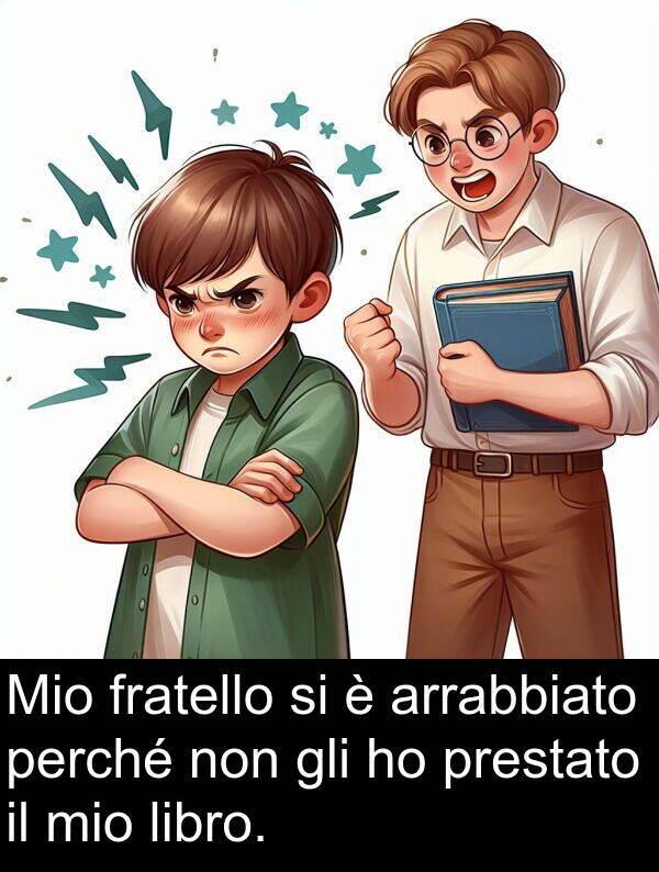 prestato: Mio fratello si è arrabbiato perché non gli ho prestato il mio libro.