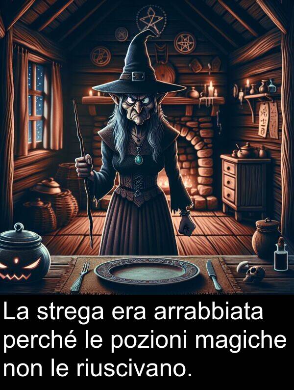 arrabbiata: La strega era arrabbiata perché le pozioni magiche non le riuscivano.
