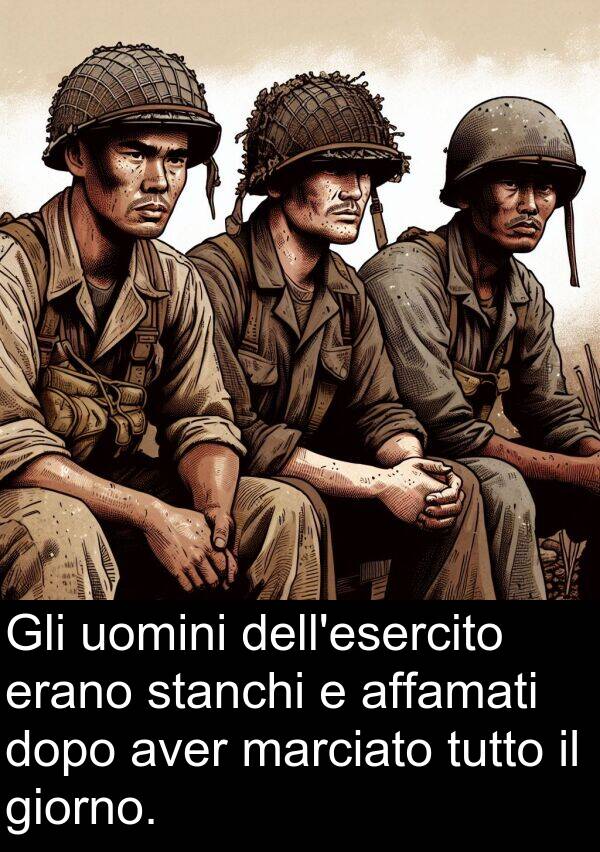 stanchi: Gli uomini dell'esercito erano stanchi e affamati dopo aver marciato tutto il giorno.