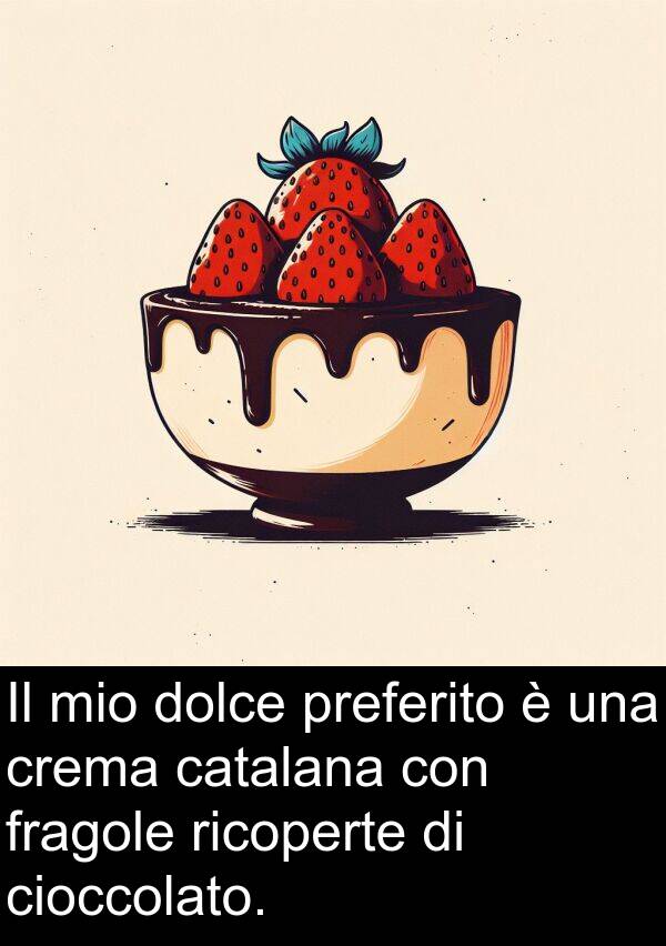 ricoperte: Il mio dolce preferito è una crema catalana con fragole ricoperte di cioccolato.