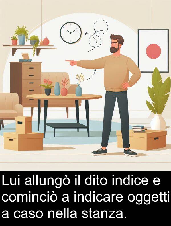 stanza: Lui allungò il dito indice e cominciò a indicare oggetti a caso nella stanza.