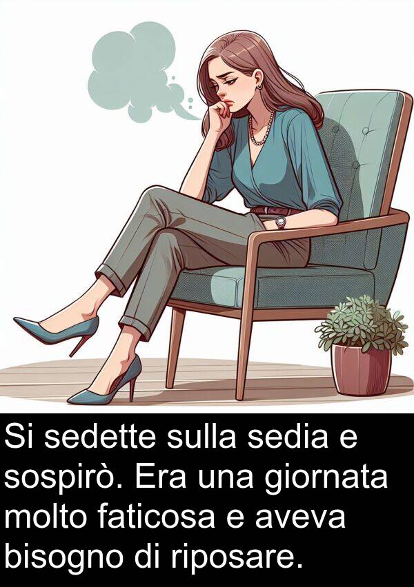 giornata: Si sedette sulla sedia e sospirò. Era una giornata molto faticosa e aveva bisogno di riposare.