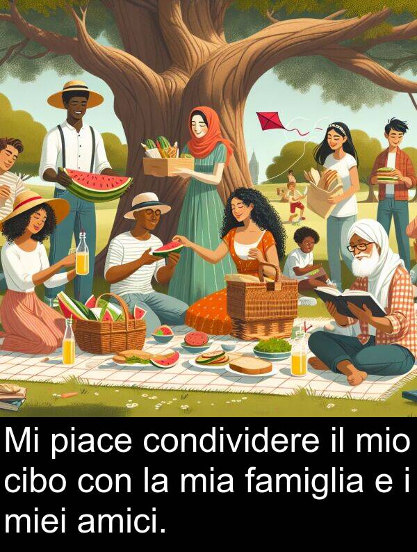 cibo: Mi piace condividere il mio cibo con la mia famiglia e i miei amici.