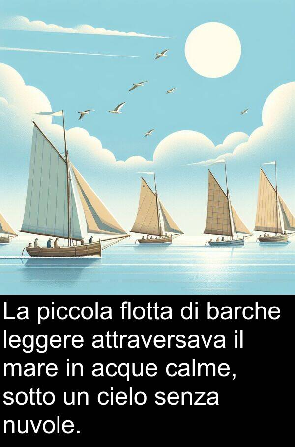 calme: La piccola flotta di barche leggere attraversava il mare in acque calme, sotto un cielo senza nuvole.