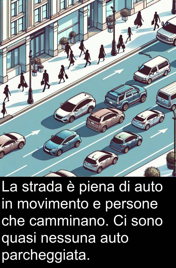 camminano: La strada è piena di auto in movimento e persone che camminano. Ci sono quasi nessuna auto parcheggiata.