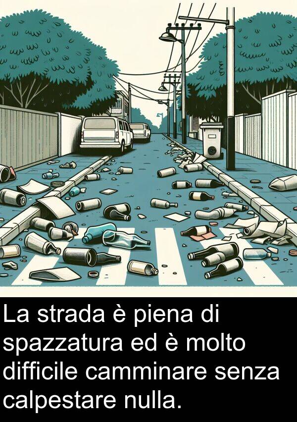 calpestare: La strada è piena di spazzatura ed è molto difficile camminare senza calpestare nulla.