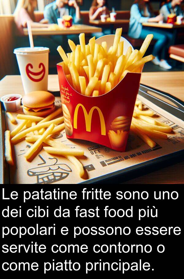 popolari: Le patatine fritte sono uno dei cibi da fast food più popolari e possono essere servite come contorno o come piatto principale.