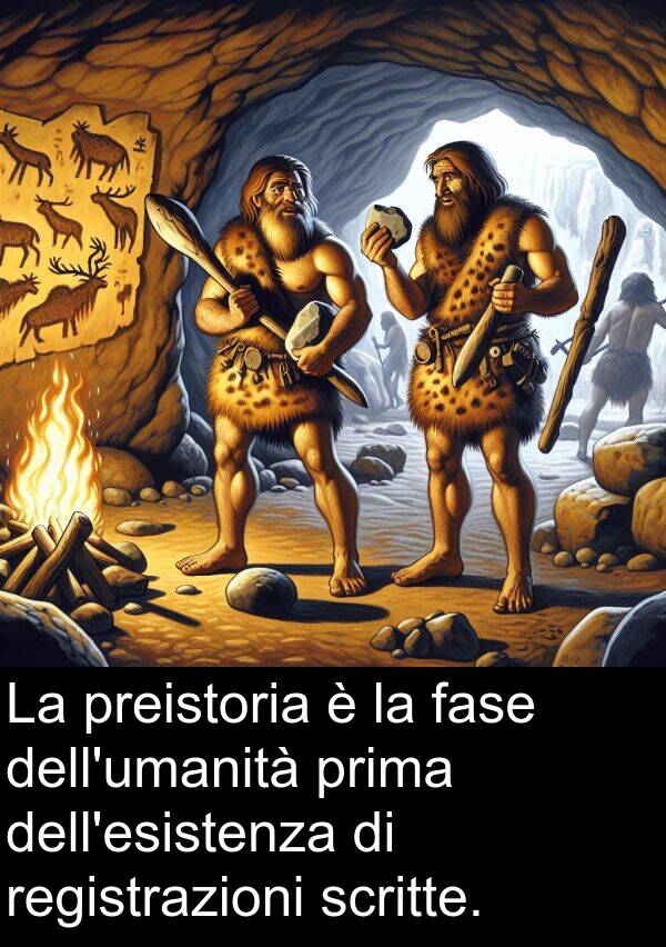 scritte: La preistoria è la fase dell'umanità prima dell'esistenza di registrazioni scritte.
