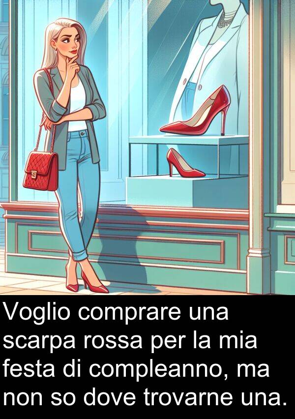 comprare: Voglio comprare una scarpa rossa per la mia festa di compleanno, ma non so dove trovarne una.