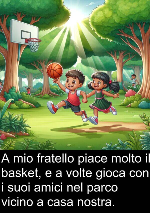 gioca: A mio fratello piace molto il basket, e a volte gioca con i suoi amici nel parco vicino a casa nostra.