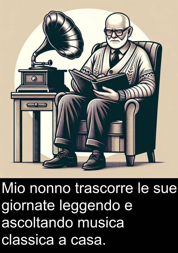 ascoltando: Mio nonno trascorre le sue giornate leggendo e ascoltando musica classica a casa.