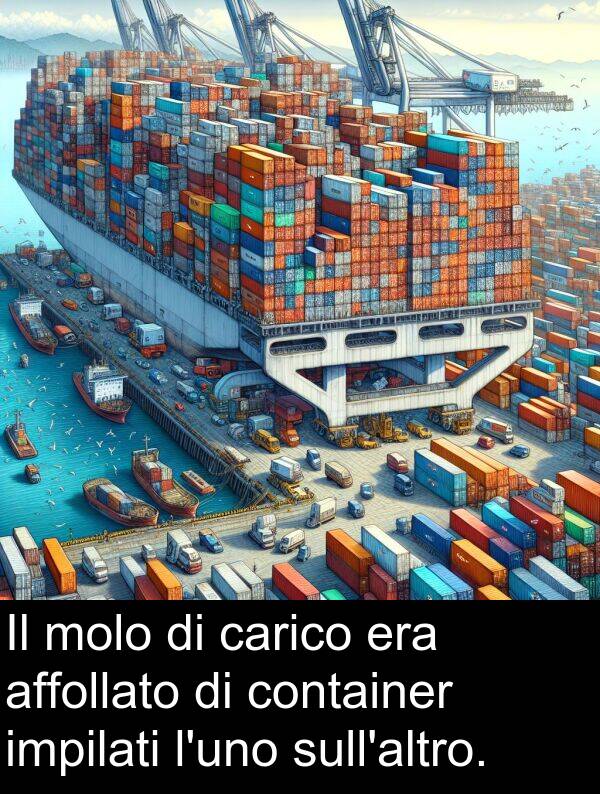 container: Il molo di carico era affollato di container impilati l'uno sull'altro.