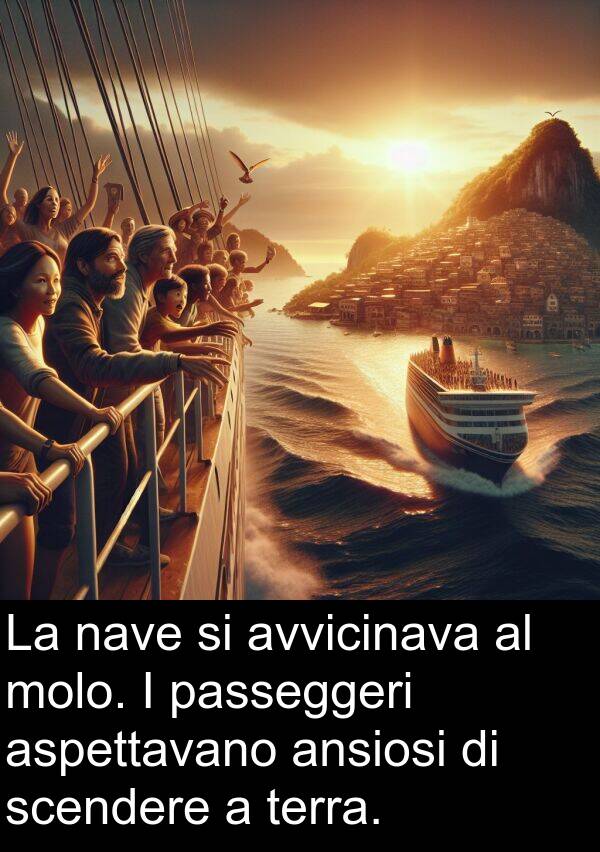 ansiosi: La nave si avvicinava al molo. I passeggeri aspettavano ansiosi di scendere a terra.