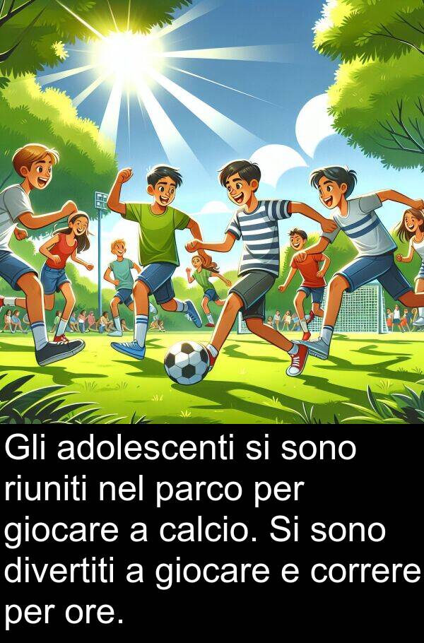 calcio: Gli adolescenti si sono riuniti nel parco per giocare a calcio. Si sono divertiti a giocare e correre per ore.