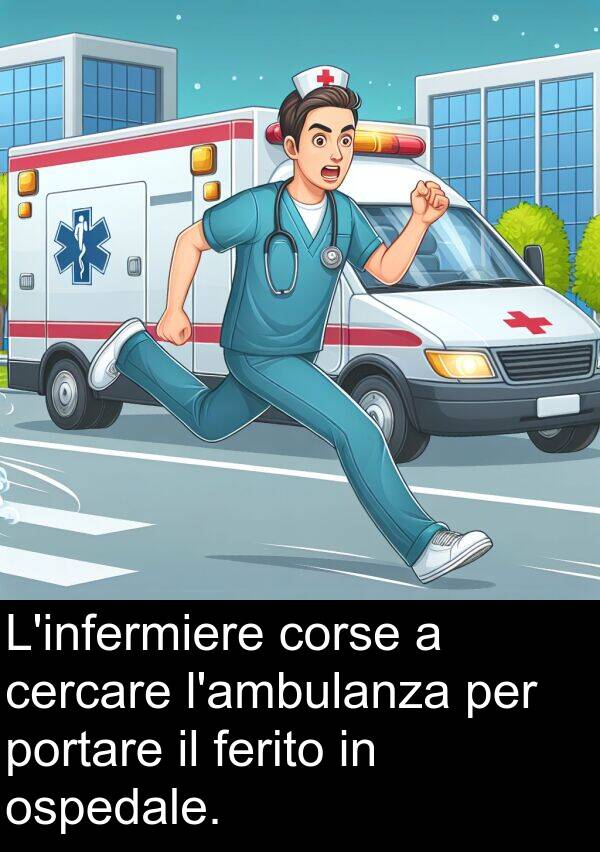 cercare: L'infermiere corse a cercare l'ambulanza per portare il ferito in ospedale.