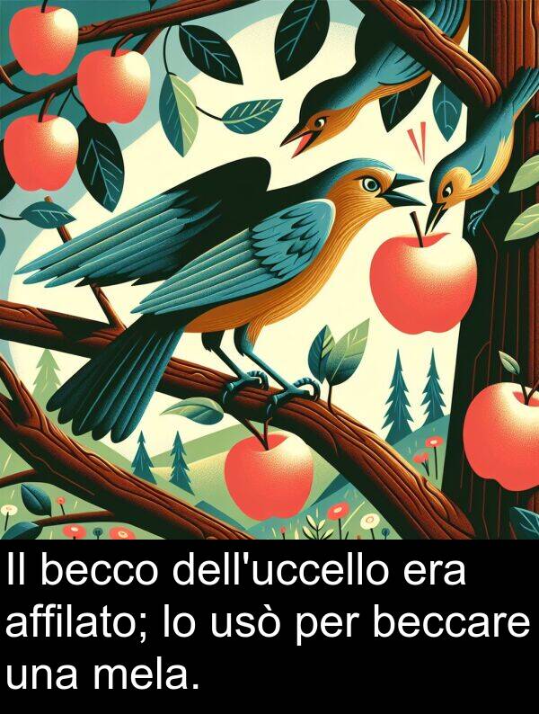 mela: Il becco dell'uccello era affilato; lo usò per beccare una mela.