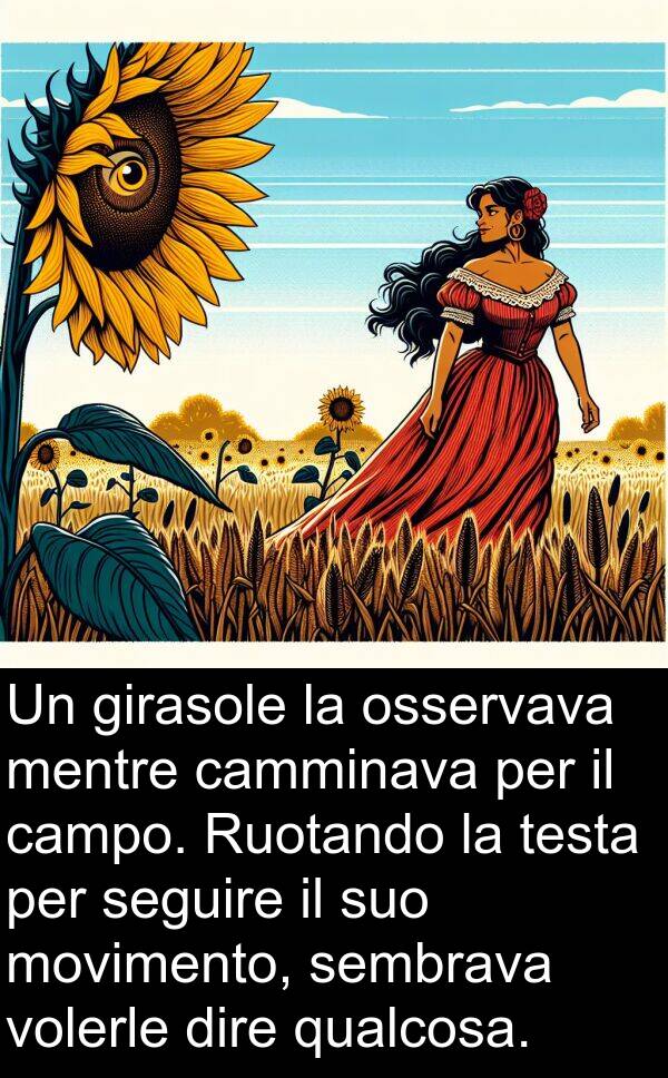 testa: Un girasole la osservava mentre camminava per il campo. Ruotando la testa per seguire il suo movimento, sembrava volerle dire qualcosa.