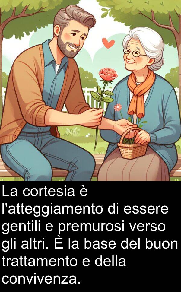 gentili: La cortesia è l'atteggiamento di essere gentili e premurosi verso gli altri. È la base del buon trattamento e della convivenza.
