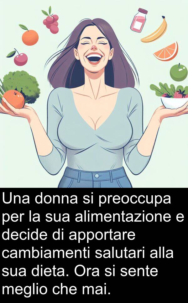 decide: Una donna si preoccupa per la sua alimentazione e decide di apportare cambiamenti salutari alla sua dieta. Ora si sente meglio che mai.