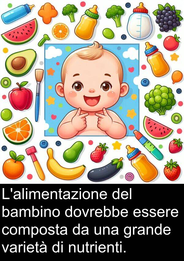 varietà: L'alimentazione del bambino dovrebbe essere composta da una grande varietà di nutrienti.