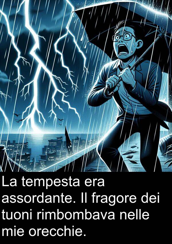 tuoni: La tempesta era assordante. Il fragore dei tuoni rimbombava nelle mie orecchie.