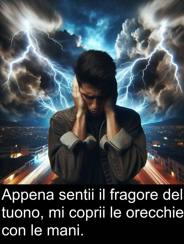 coprii: Appena sentii il fragore del tuono, mi coprii le orecchie con le mani.