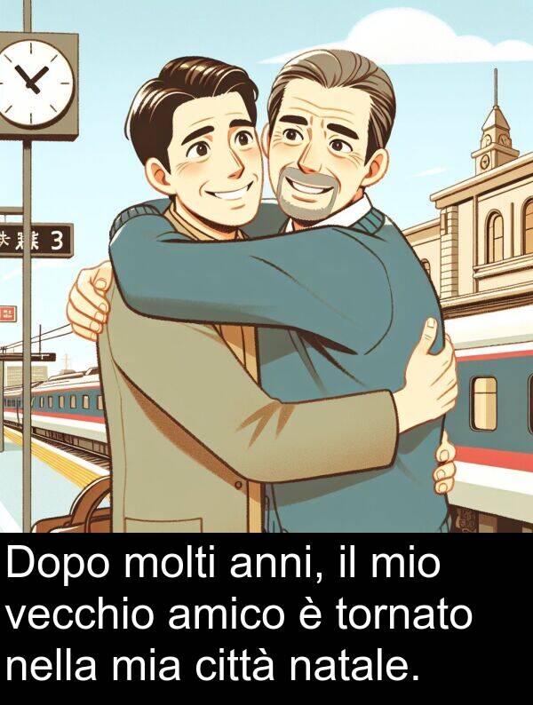 amico: Dopo molti anni, il mio vecchio amico è tornato nella mia città natale.
