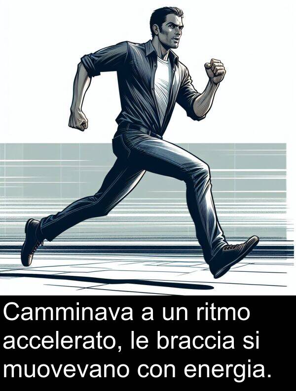 braccia: Camminava a un ritmo accelerato, le braccia si muovevano con energia.