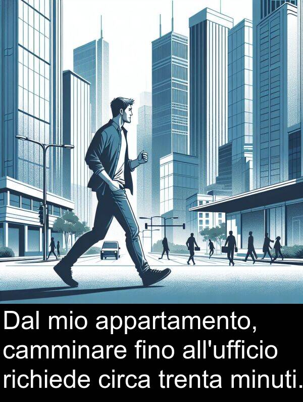 camminare: Dal mio appartamento, camminare fino all'ufficio richiede circa trenta minuti.