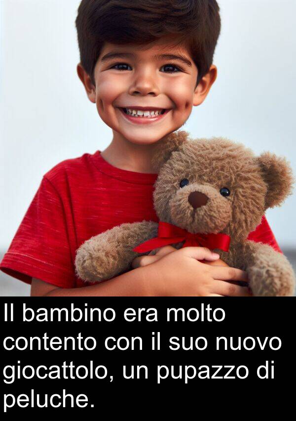 giocattolo: Il bambino era molto contento con il suo nuovo giocattolo, un pupazzo di peluche.