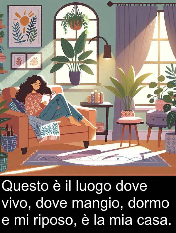 riposo: Questo è il luogo dove vivo, dove mangio, dormo e mi riposo, è la mia casa.