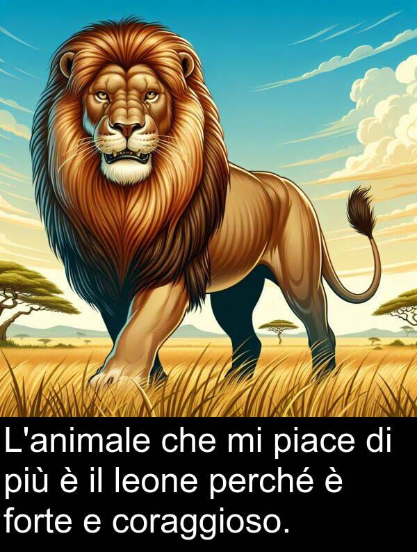forte: L'animale che mi piace di più è il leone perché è forte e coraggioso.